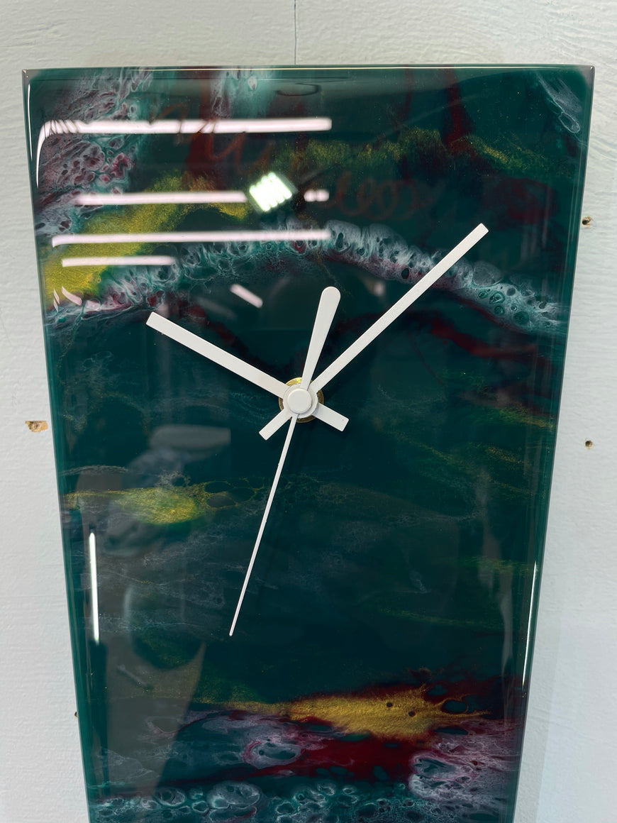 Narrow Dark Green maroon Gold and White Abstract Resin Wall Clock