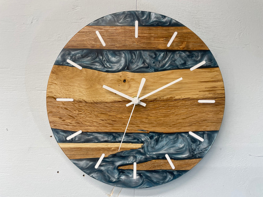 English Oak and Metallic Blue Pearlescent Resin Wall Clock