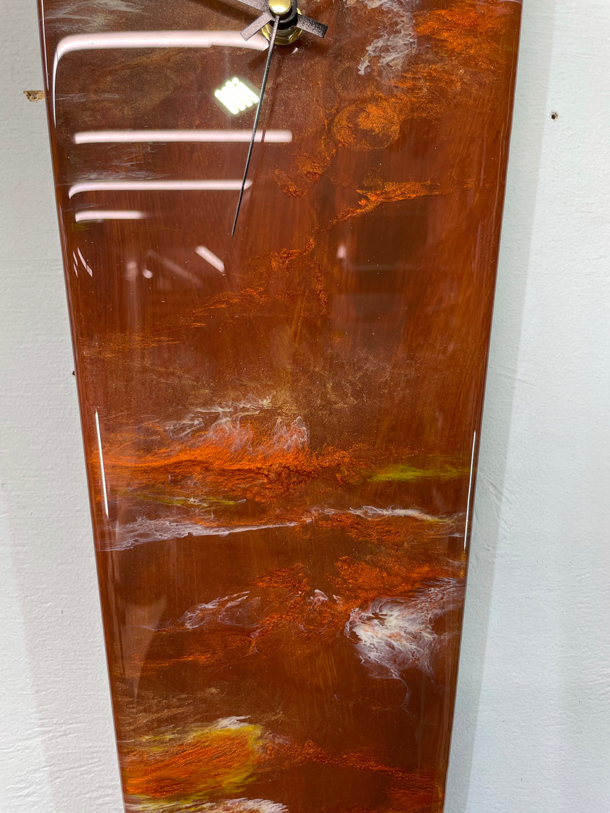 Modern Narrow Brown Copper and Ivory Abstract Resin Wall Clock