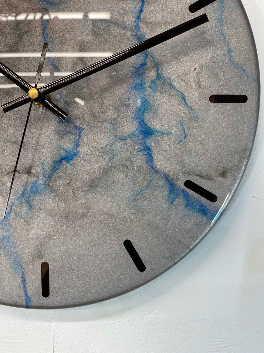 33cm Metallic Silver Blue and Black Abstract Modern Resin Wall Clock