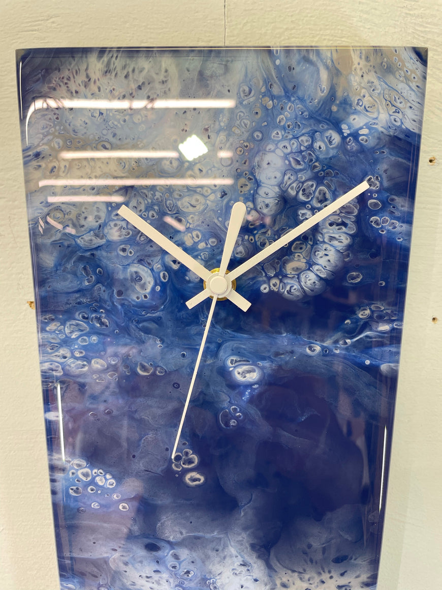 Narrow Navy Blue Baby Blue White and Grey Abstract Resin Wall Clock