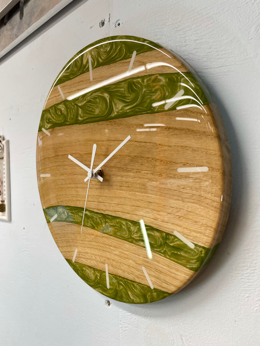 English Oak and Green Pearlescent Resin Wall Clock