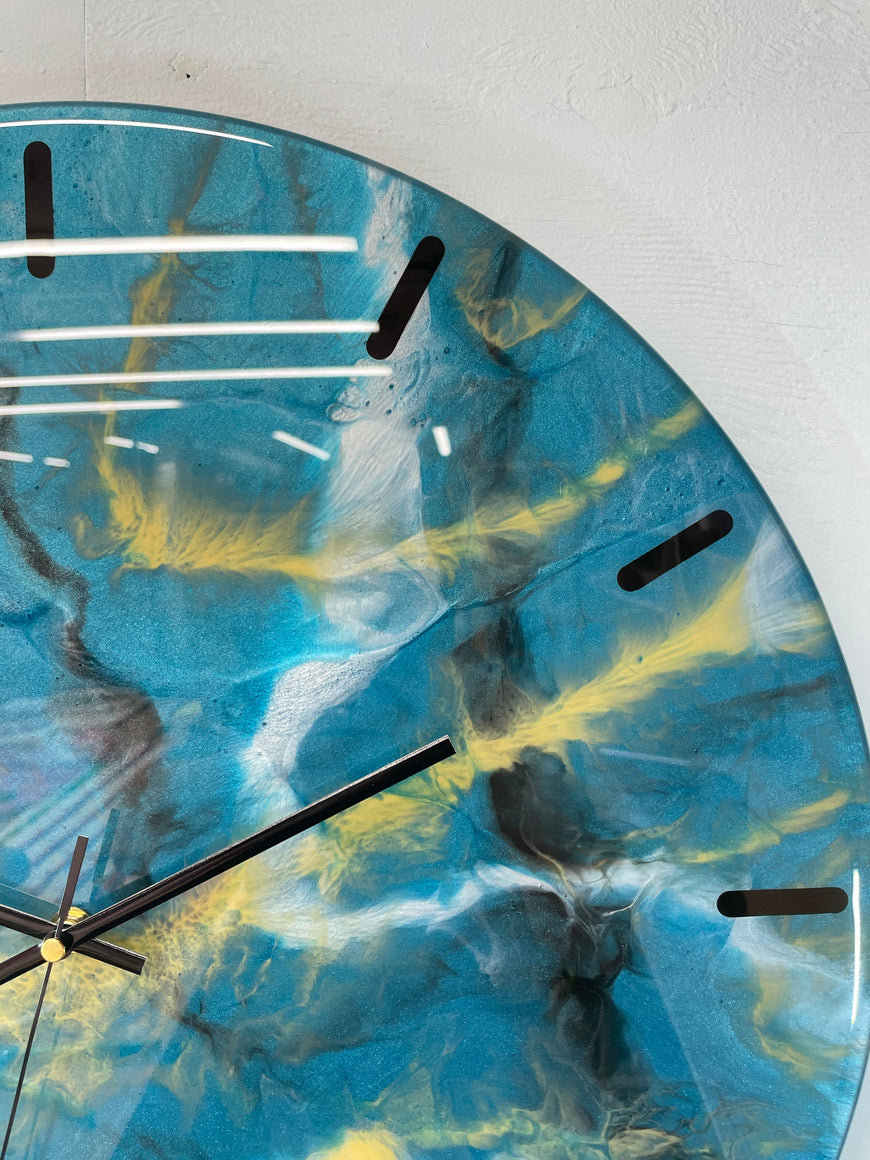 50cm Large Teal Black White and Gold Abstract Modern Resin Wall Clock