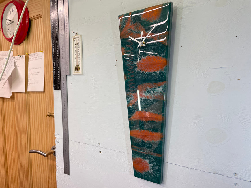 Narrow Dark Green Copper and White Abstract Resin Wall Clock