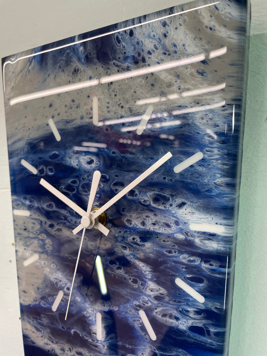 70cm Long Narrow Navy Blue White and Grey Abstract Resin Wall Clock