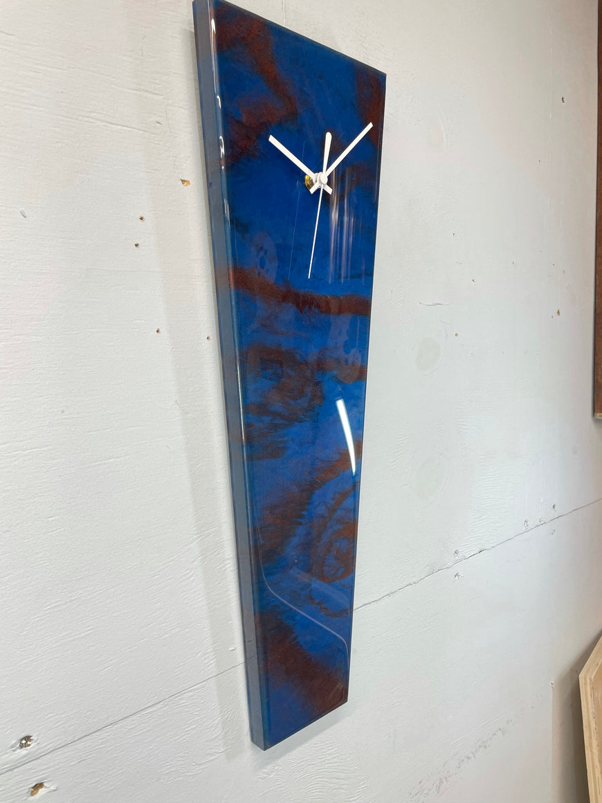 Narrow Metallic Blue Copper and Black Abstract Resin Wall Clock