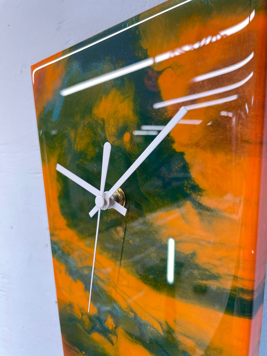 Narrow Burnt Orange Emerald Green and Copper Abstract Resin Wall Clock