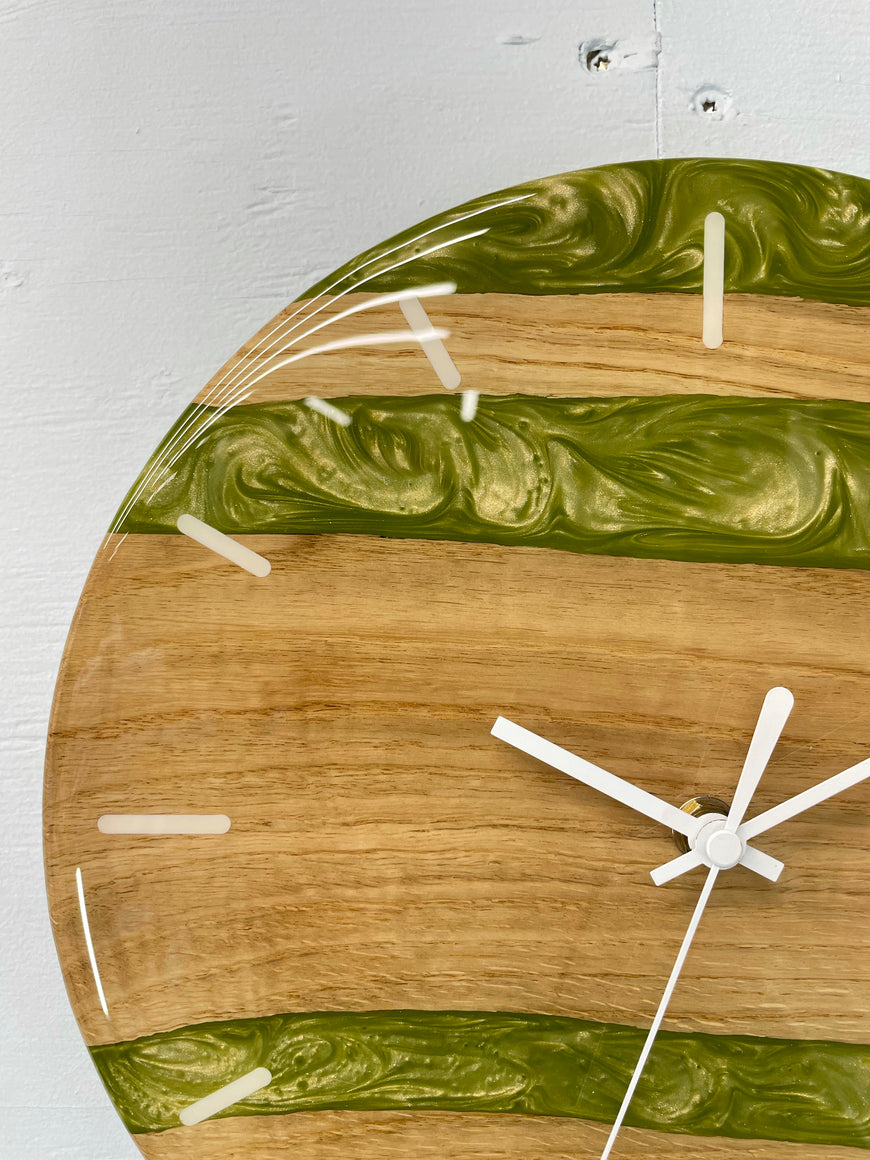 English Oak and Green Pearlescent Resin Wall Clock