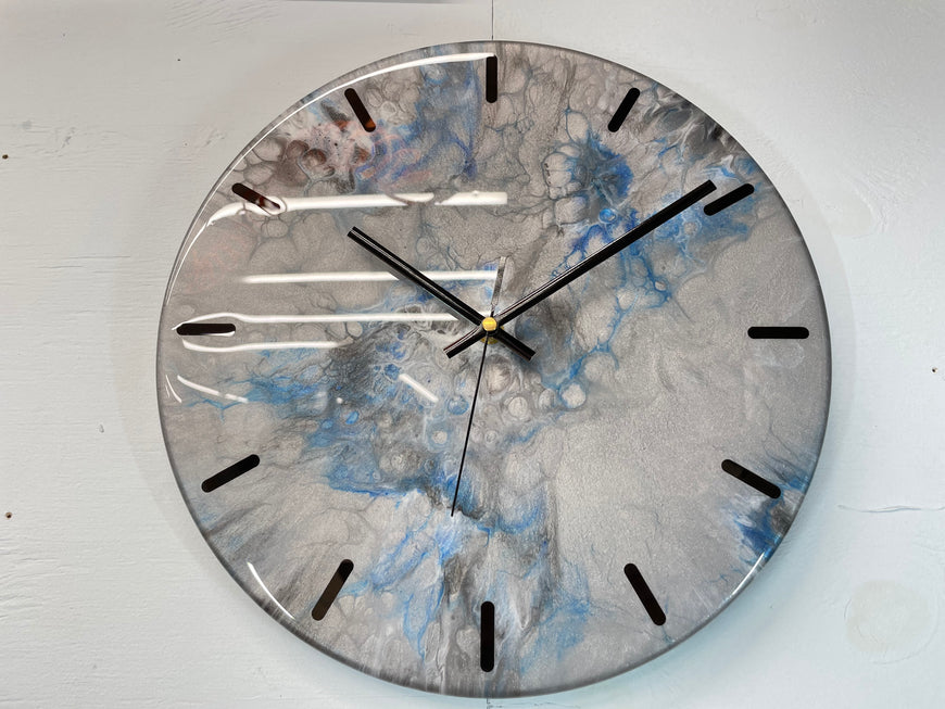 33cm Metallic Silver Blue and Black Abstract Modern Resin Wall Clock