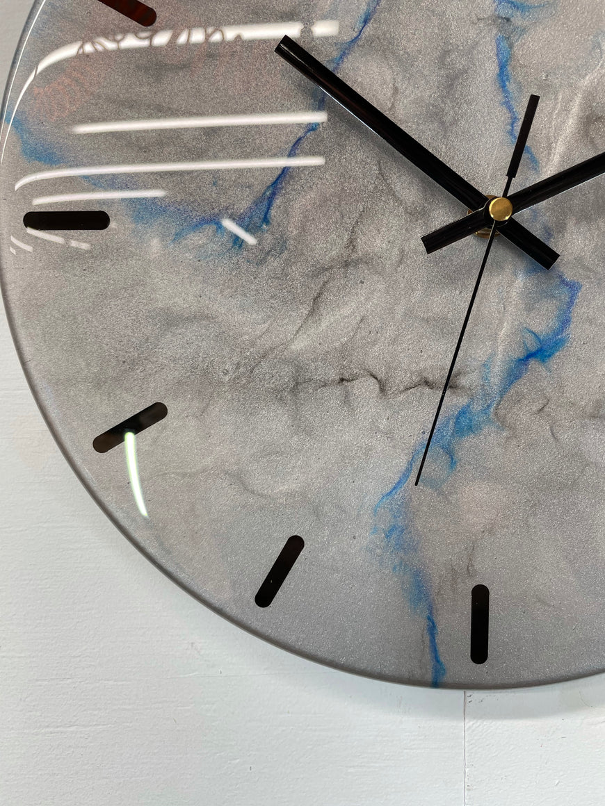 33cm Metallic Silver Blue and Black Abstract Modern Resin Wall Clock