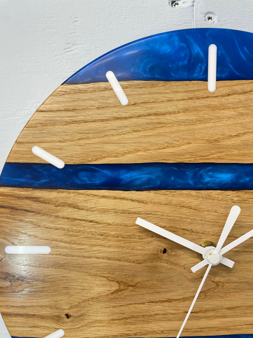 English Oak and Sapphire Blue Pearlescent Resin Wall Clock