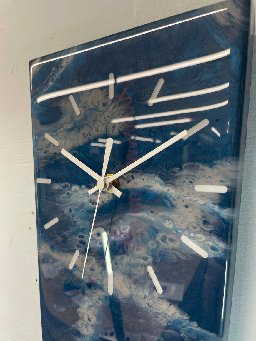 Long Narrow Navy Blue and Grey Abstract Resin Wall Clock