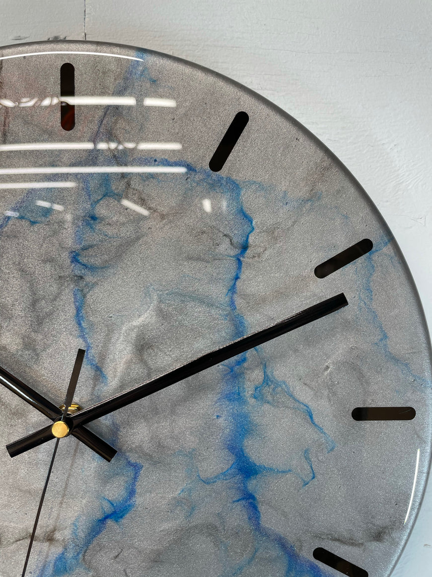 33cm Metallic Silver Blue and Black Abstract Modern Resin Wall Clock