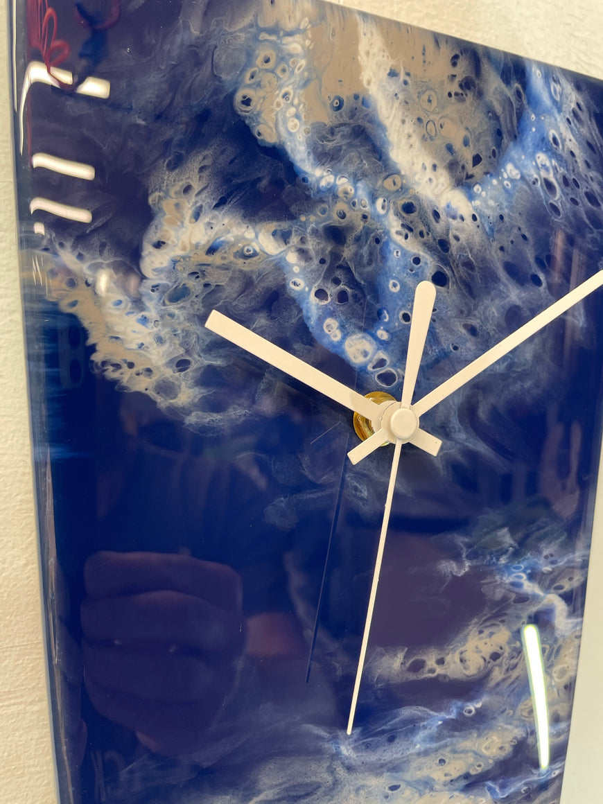 Narrow Navy Blue Grey and White Abstract Resin Wall Clock