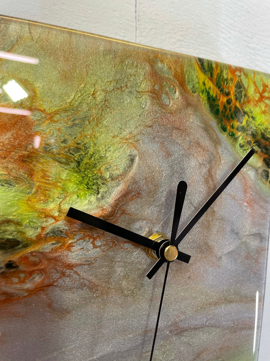 Narrow Metallic Silver Copper and Lime Green Abstract Resin Wall Clock