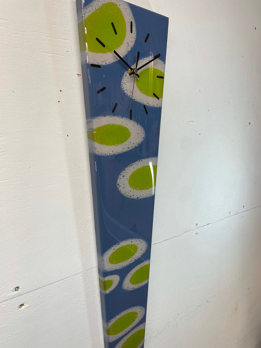 70cm Long Narrow Blue/Grey and Moss Green Abstract Resin Wall Clock