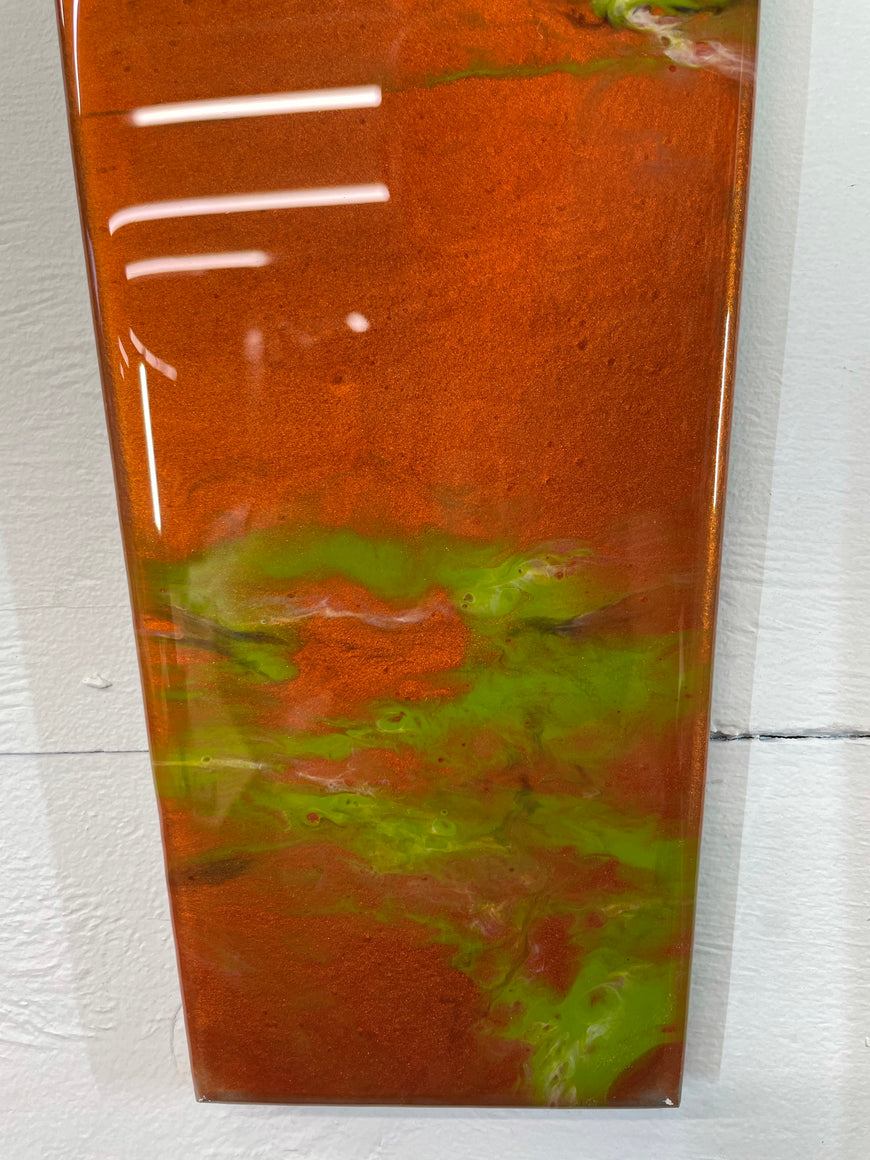 Narrow Copper and Moss Green Abstract Resin Wall Clock