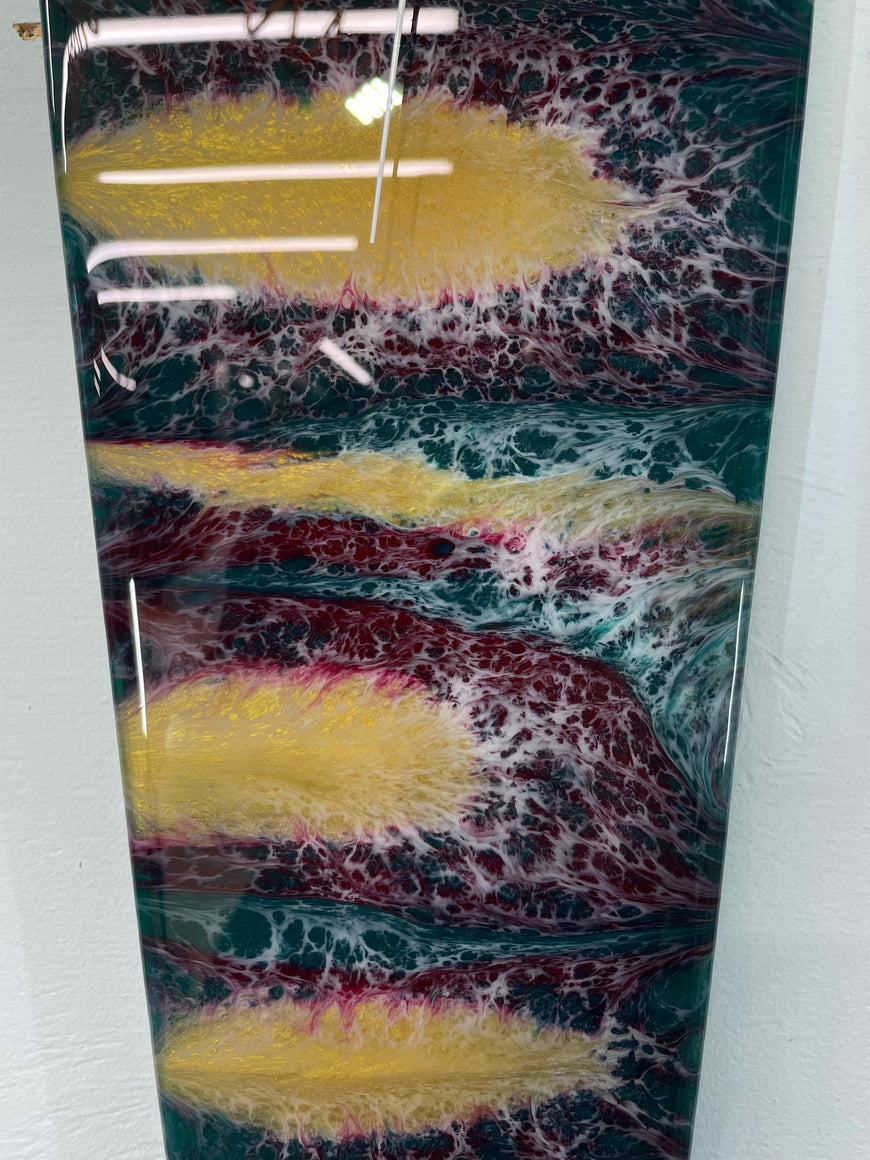 Narrow Emerald Green maroon Gold and White Abstract Resin Wall Clock