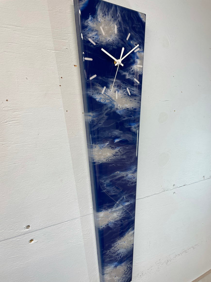 70cm Long Narrow Navy Blue White and Grey Abstract Resin Wall Clock
