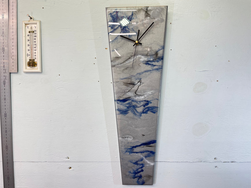 Narrow Metallic Silver Navy Blue and White Abstract Resin Wall Clock