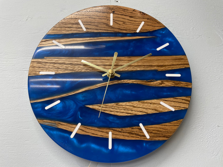 Zebra wood and Sapphire Blue Pearlescent Resin Wall Clock