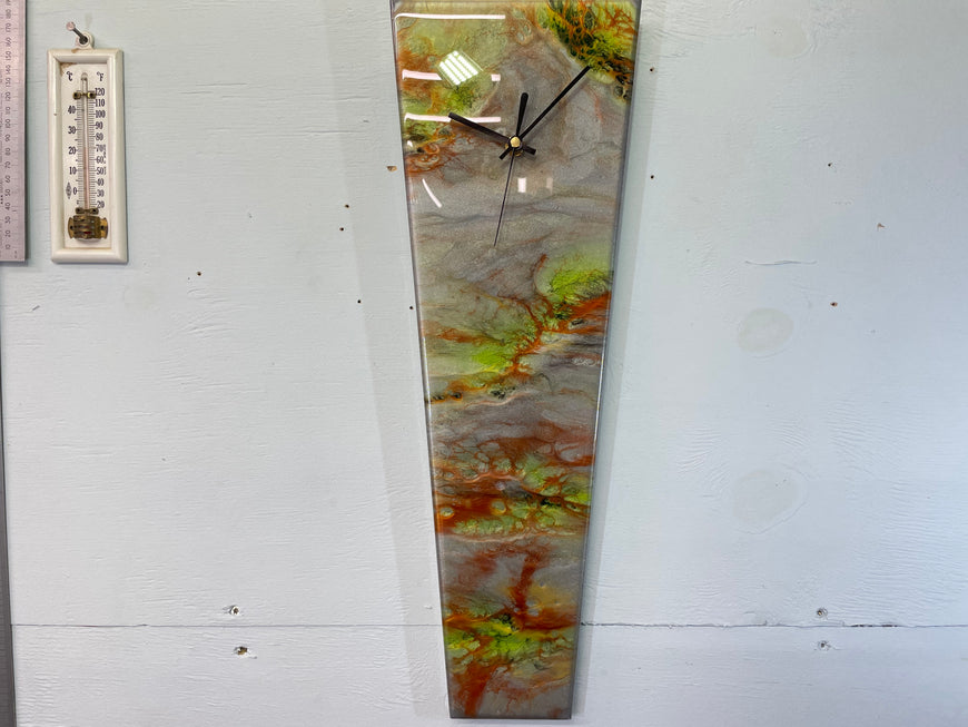 Narrow Metallic Silver Copper and Lime Green Abstract Resin Wall Clock