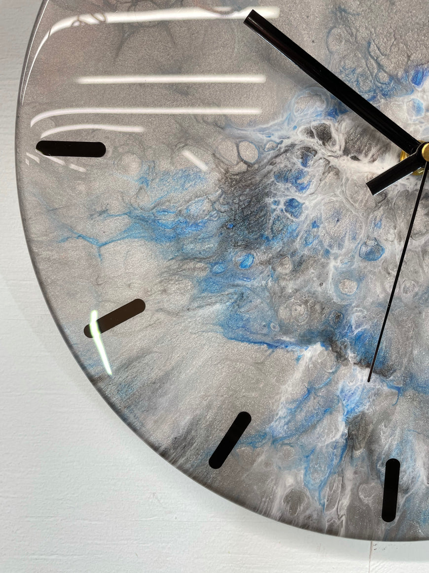 33cm Metallic Silver Blue and Black Abstract Modern Resin Wall Clock