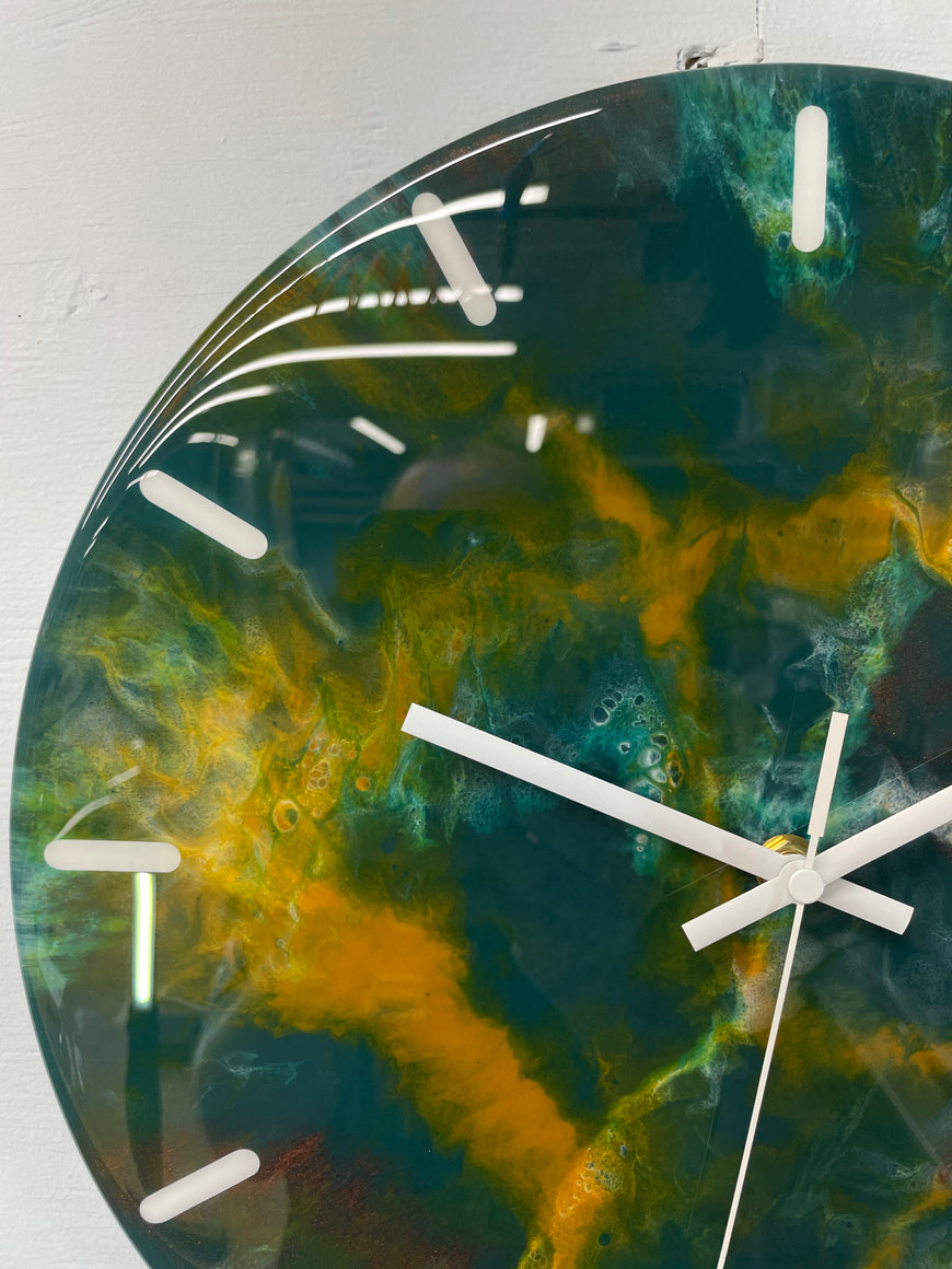 33cm Dark Green Burnt Orange and Copper Abstract Modern Resin Wall Clock