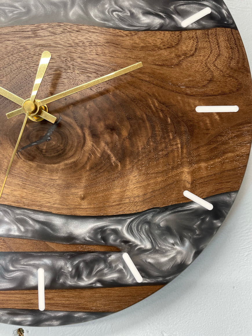 Black Walnut and Metallic Silver Resin Wall Clock