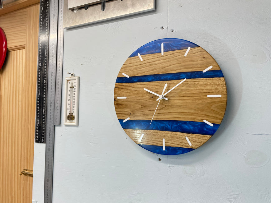 English Oak and Sapphire Blue Pearlescent Resin Wall Clock