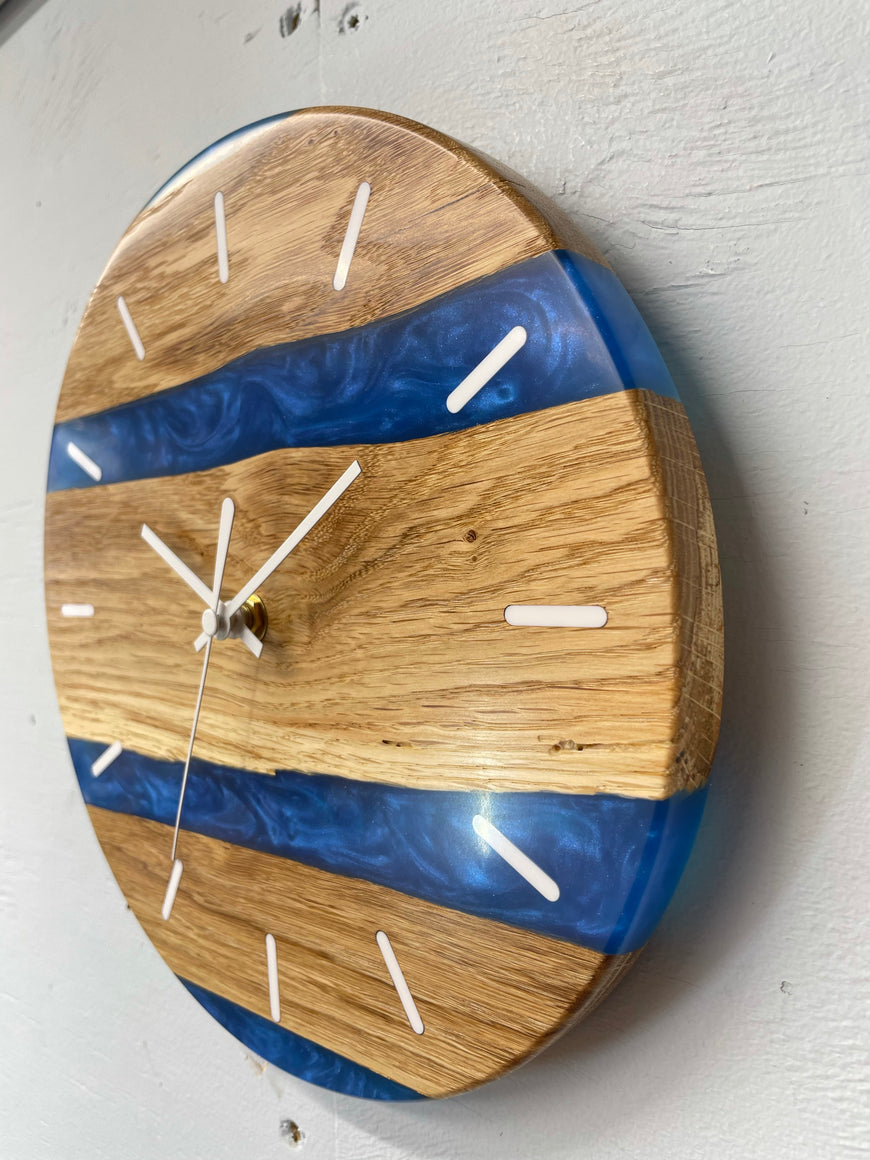English Oak and Sapphire Blue Pearlescent Resin Wall Clock