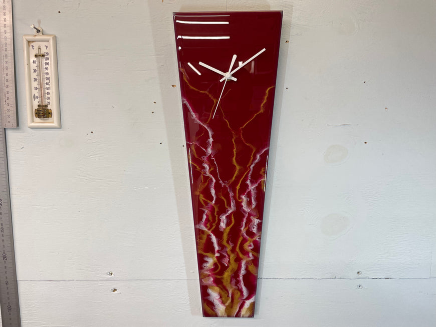 Narrow Dark Red Maroon White and Gold Abstract Resin Wall Clock