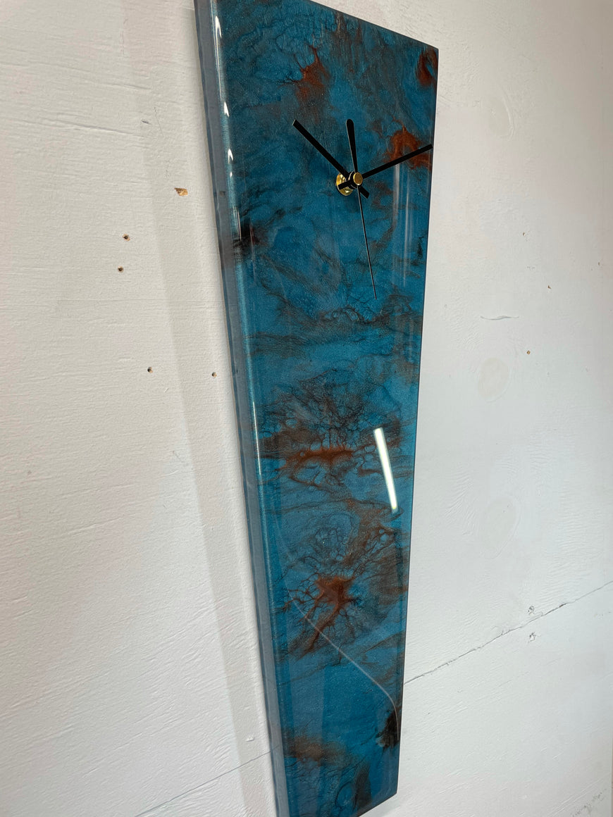 Narrow Turquoise and Copper Abstract Resin Wall Clock
