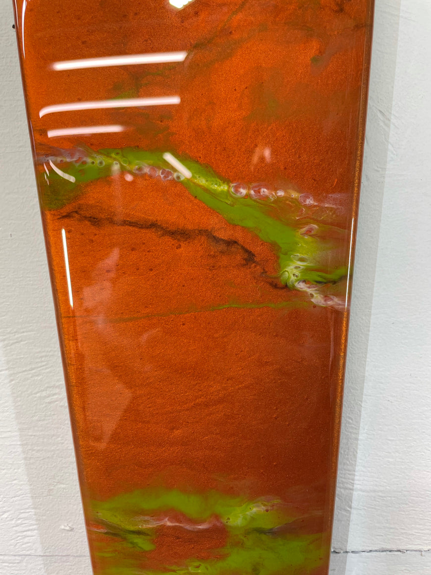 Narrow Copper and Moss Green Abstract Resin Wall Clock