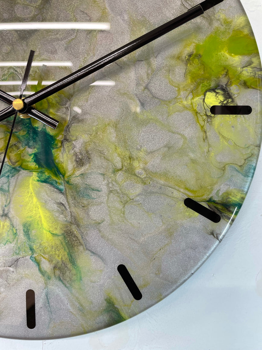 33cm Metallic Silver Dark Green and Yellow Abstract Modern Resin Wall Clock