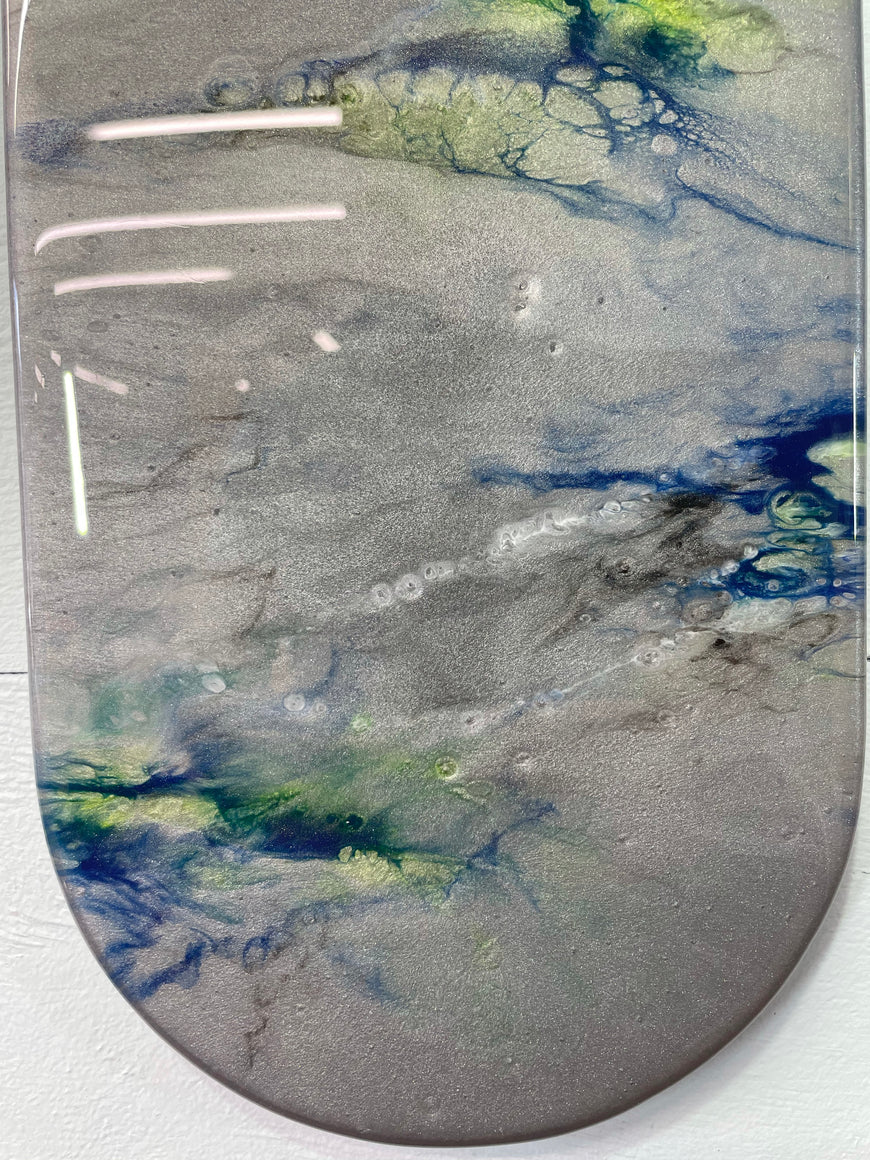 Narrow Metallic Silver Blue and Green Abstract Resin Wall Clock