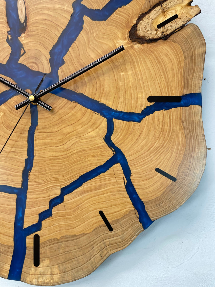 Large End Grain Wooden Wall Clock with Sapphire Blue Pearlescent Resin 
