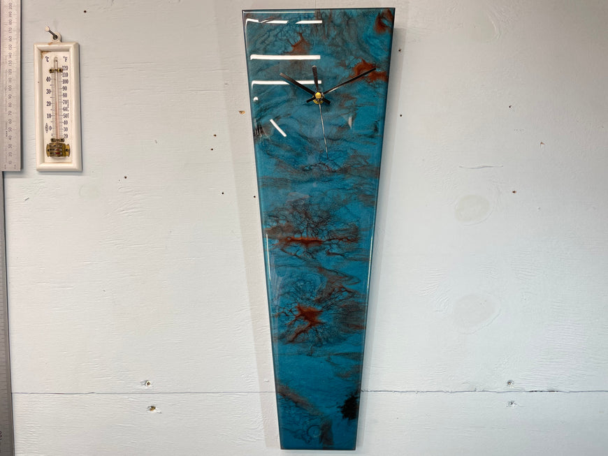 Narrow Turquoise and Copper Abstract Resin Wall Clock