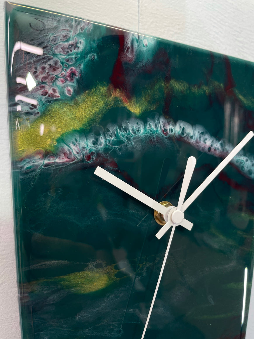 Narrow Dark Green maroon Gold and White Abstract Resin Wall Clock