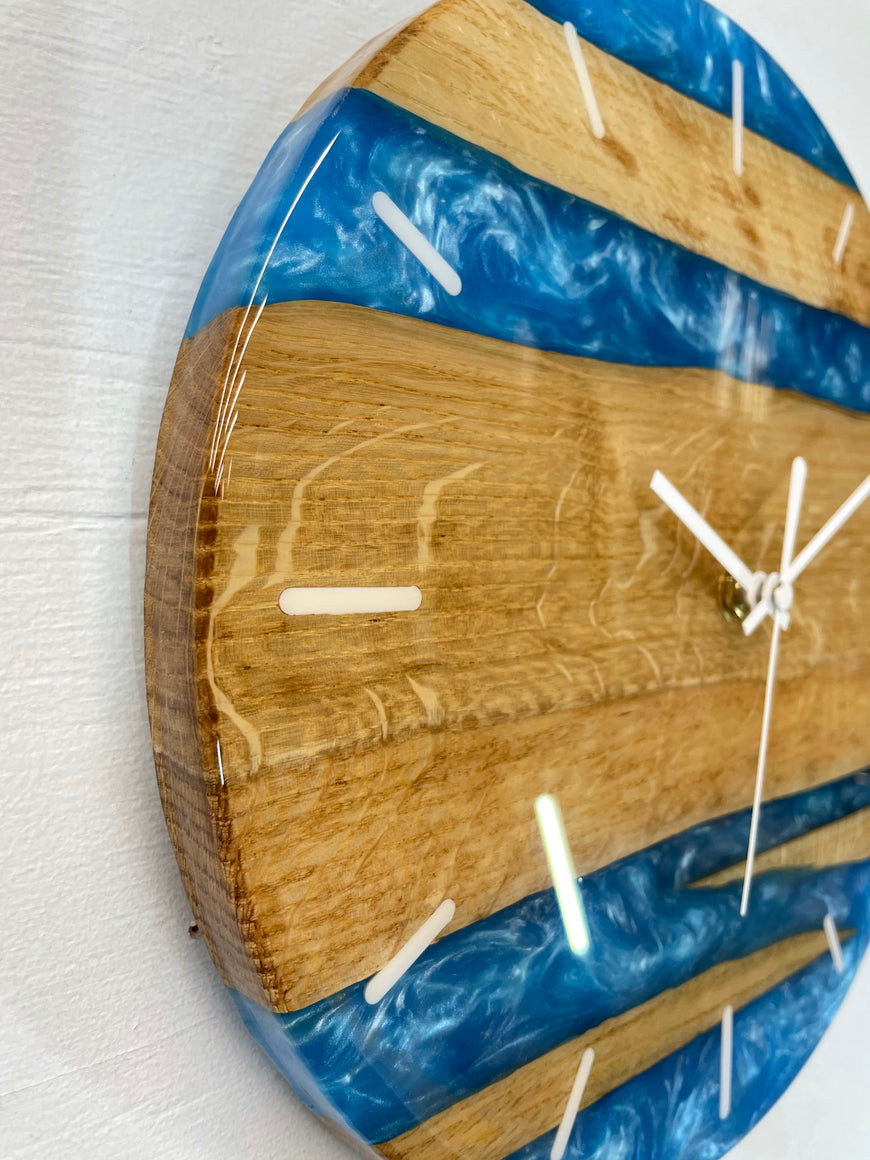 English Oak and Sky Blue Pearlescent Resin Wall Clock
