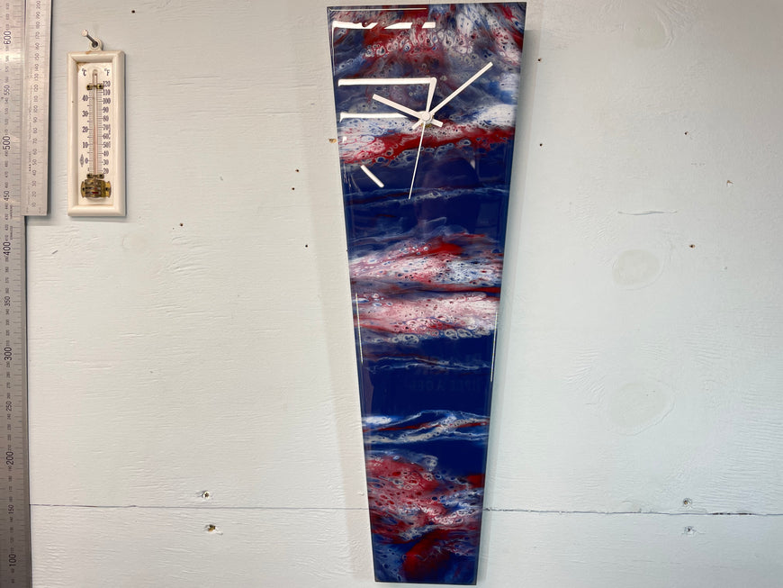 Narrow Navy Blue Blood Red and White Abstract Resin Wall Clock