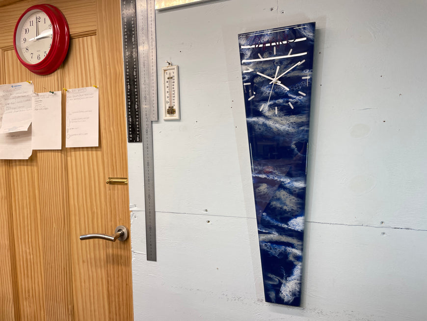 70cm Long Narrow Navy Blue White and Grey Abstract Resin Wall Clock