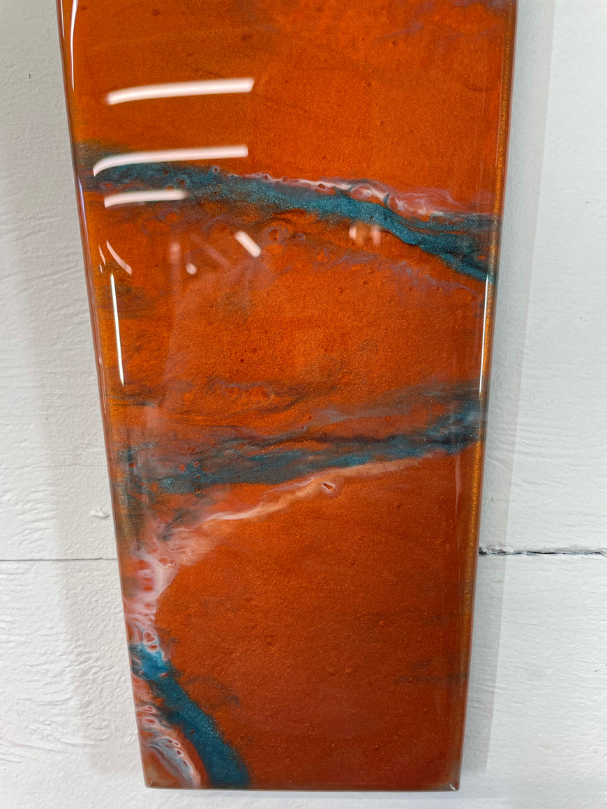 Long Copper Turquoise and White Abstract Resin Wall Clock