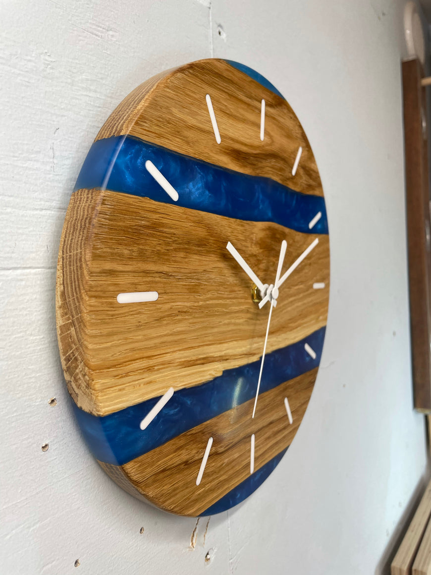English Oak and Sapphire Blue Pearlescent Resin Wall Clock