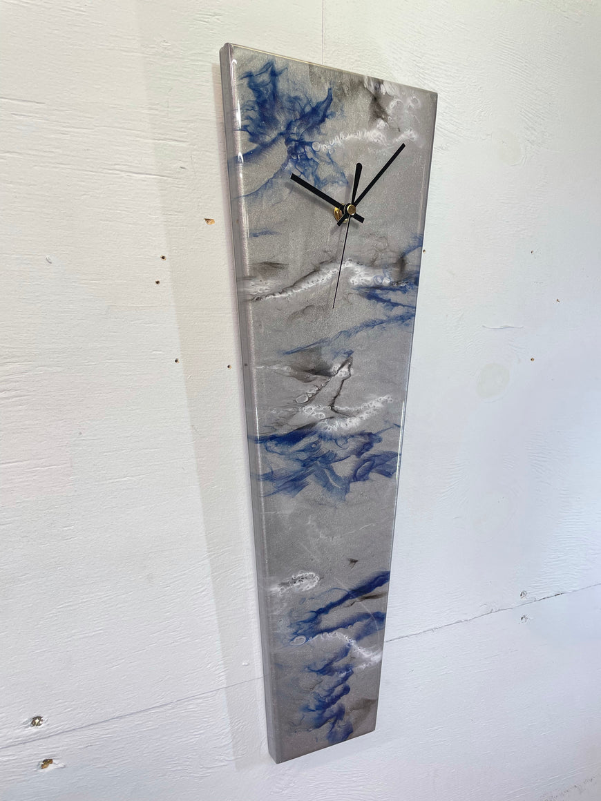 Narrow Metallic Silver Navy Blue and White Abstract Resin Wall Clock