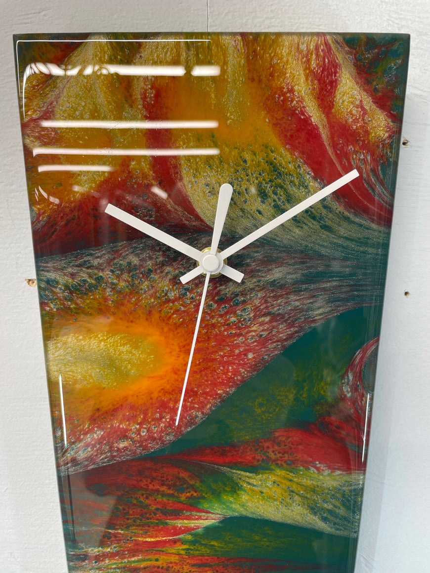 Narrow Dark Green Antique Gold and Maroon Abstract Resin Wall Clock
