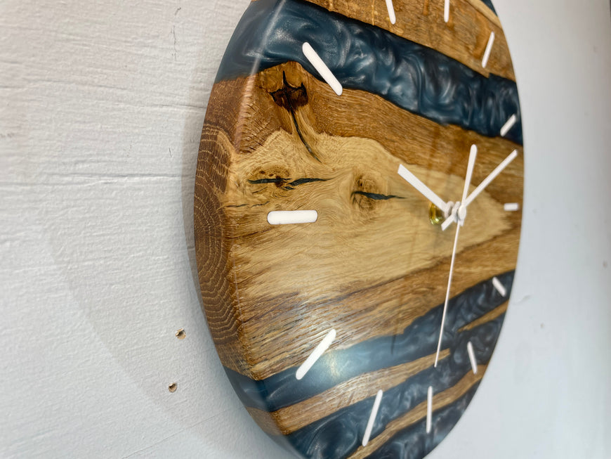 English Oak and Metallic Blue Pearlescent Resin Wall Clock