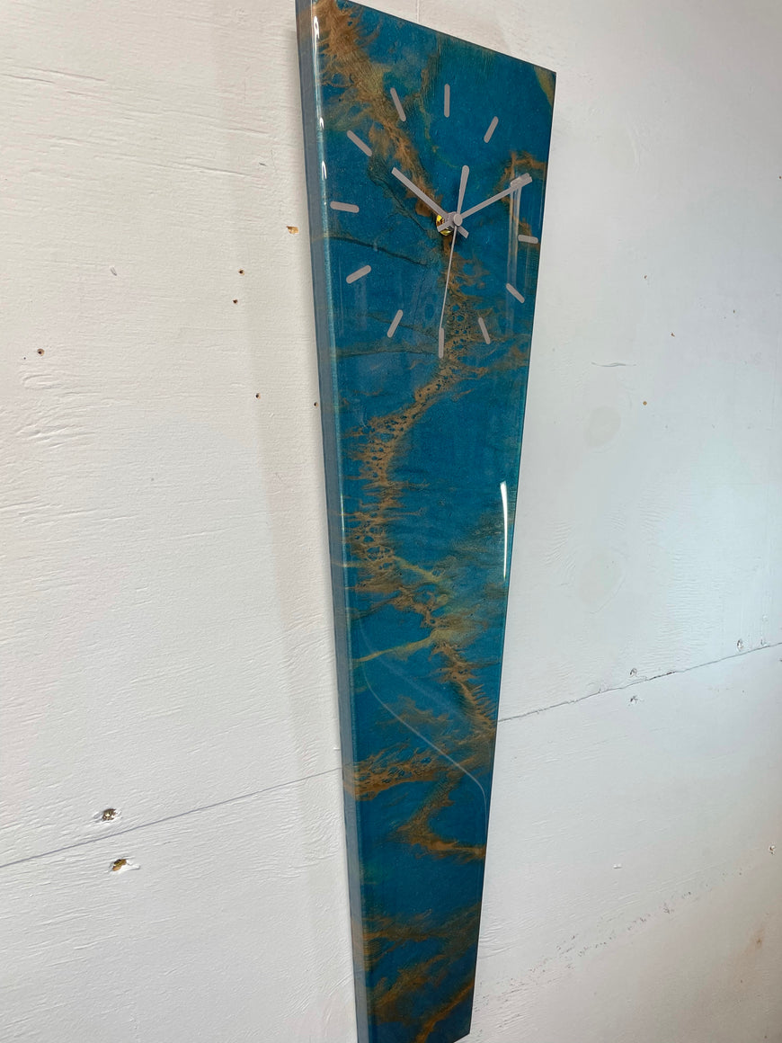 70cm Long Narrow Turquoise And Copper Abstract Resin Wall Clock