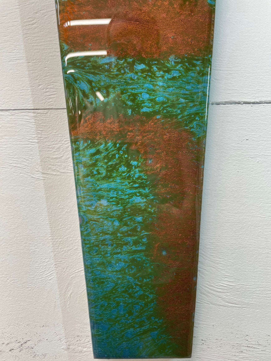 70cm Long Narrow Turquoise Green and Copper Abstract Resin Wall Clock