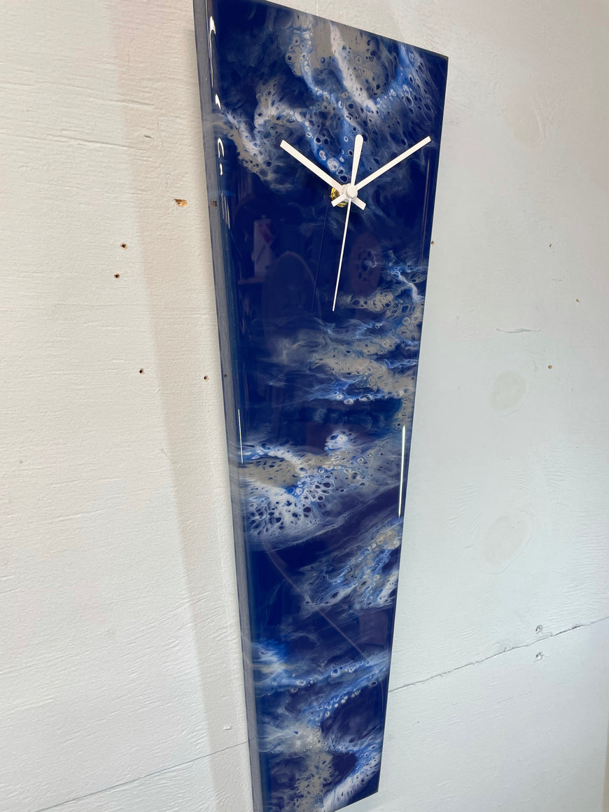 Narrow Navy Blue Grey and White Abstract Resin Wall Clock